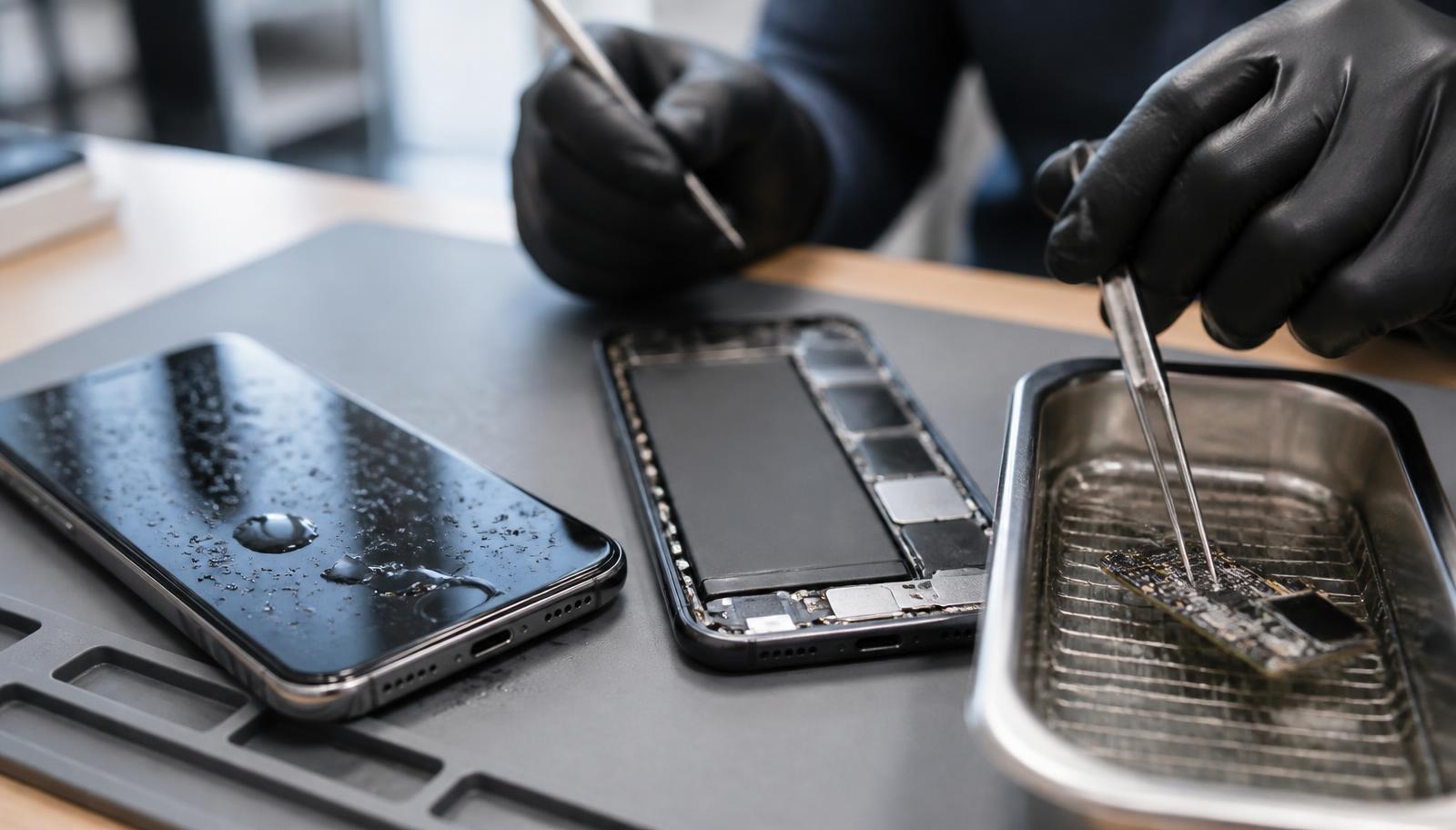 Handy ins Wasser gefallen: Nasses Smartphone wird bei iSmart Repair Hamburg getrocknet und die Platine per Ultraschall gereinigt