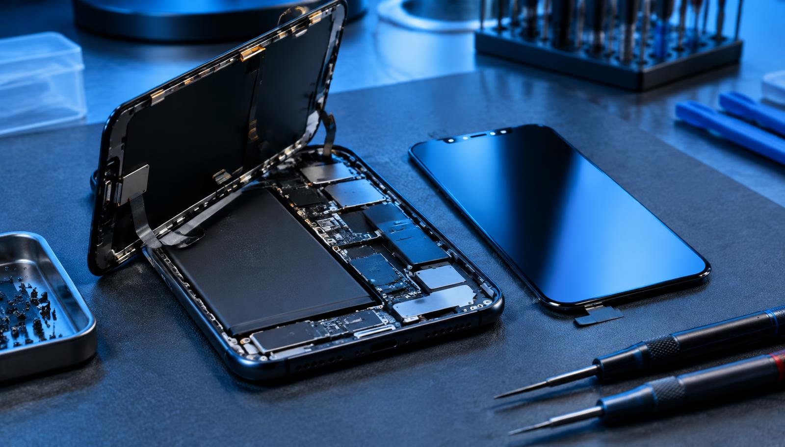 Geöffnetes Smartphone mit ausgebautem Display auf der Werkbank