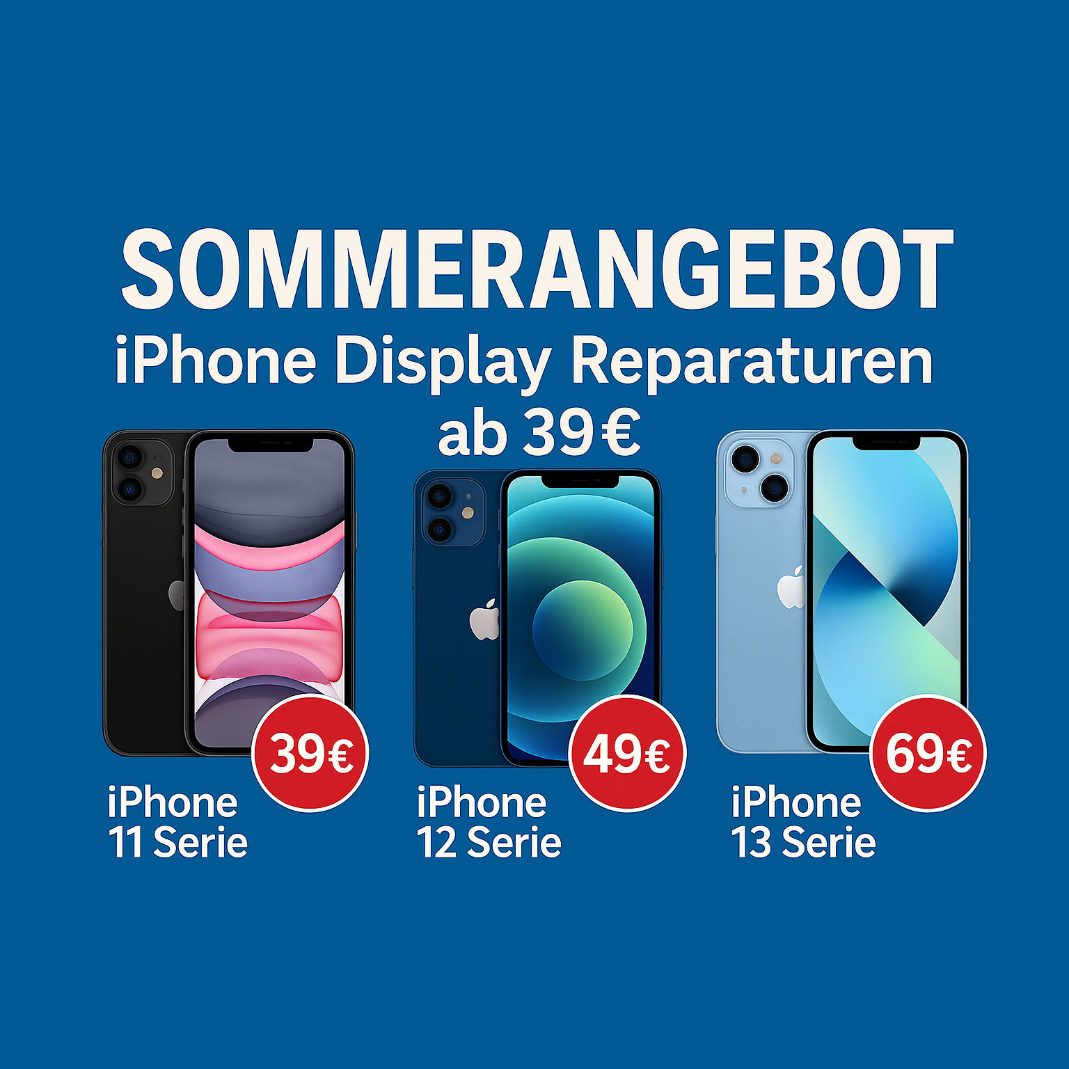 Sommerangebot für iPhone-Displayreparaturen ab 39 Euro, Modelle 11, 12, 13 Serie abgebildet.