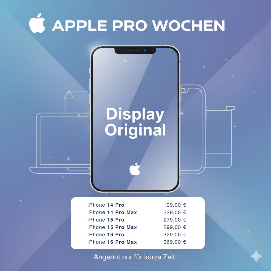 Ein iPhone mit Display Original steht im Vordergrund vor hellblauem Apple Hintergrund