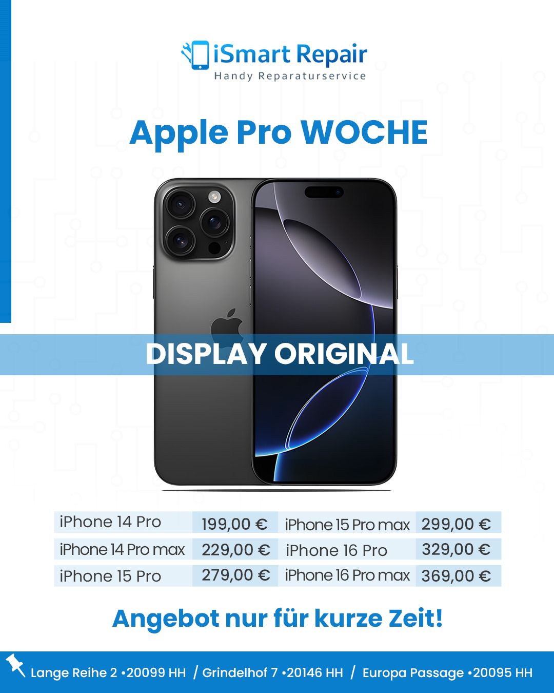 Ein neues iPhone mit Displayriss neben Werbetext für Reparaturdienst in Blau angezeigt