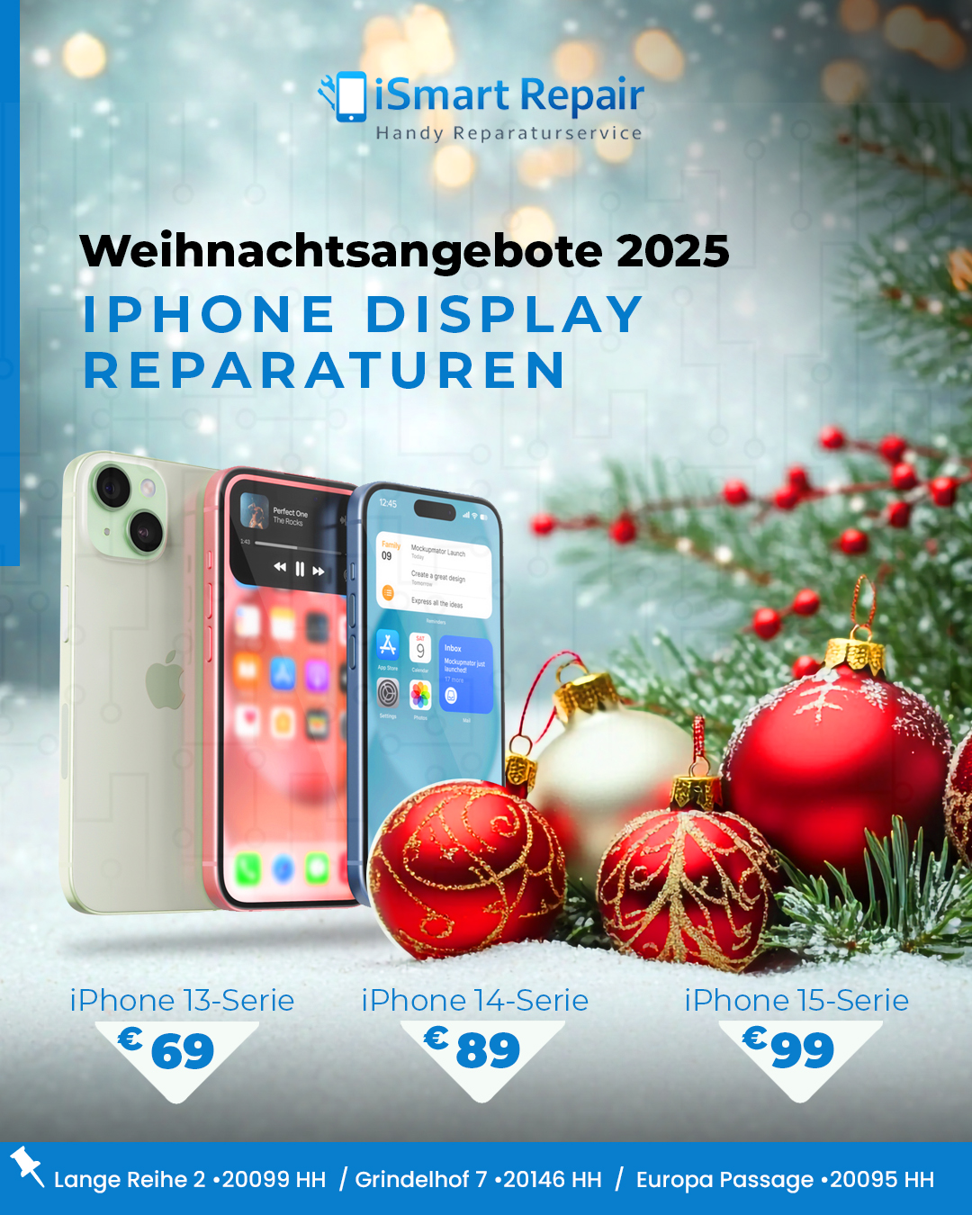 Drei iPhones stehen aufrecht neben festlich geschmückten roten Weihnachtskugeln