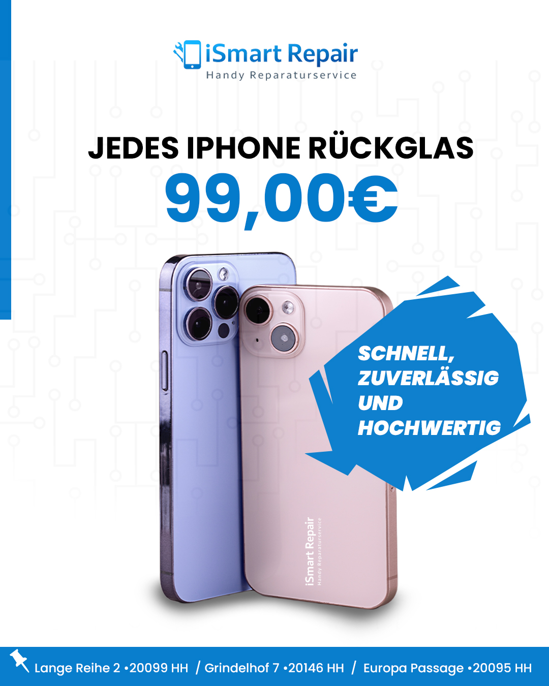 iPhone Reparatur Hamburg Zwei moderne iPhones in Silber und Violett stehen nebeneinander vor weißem Hintergrund