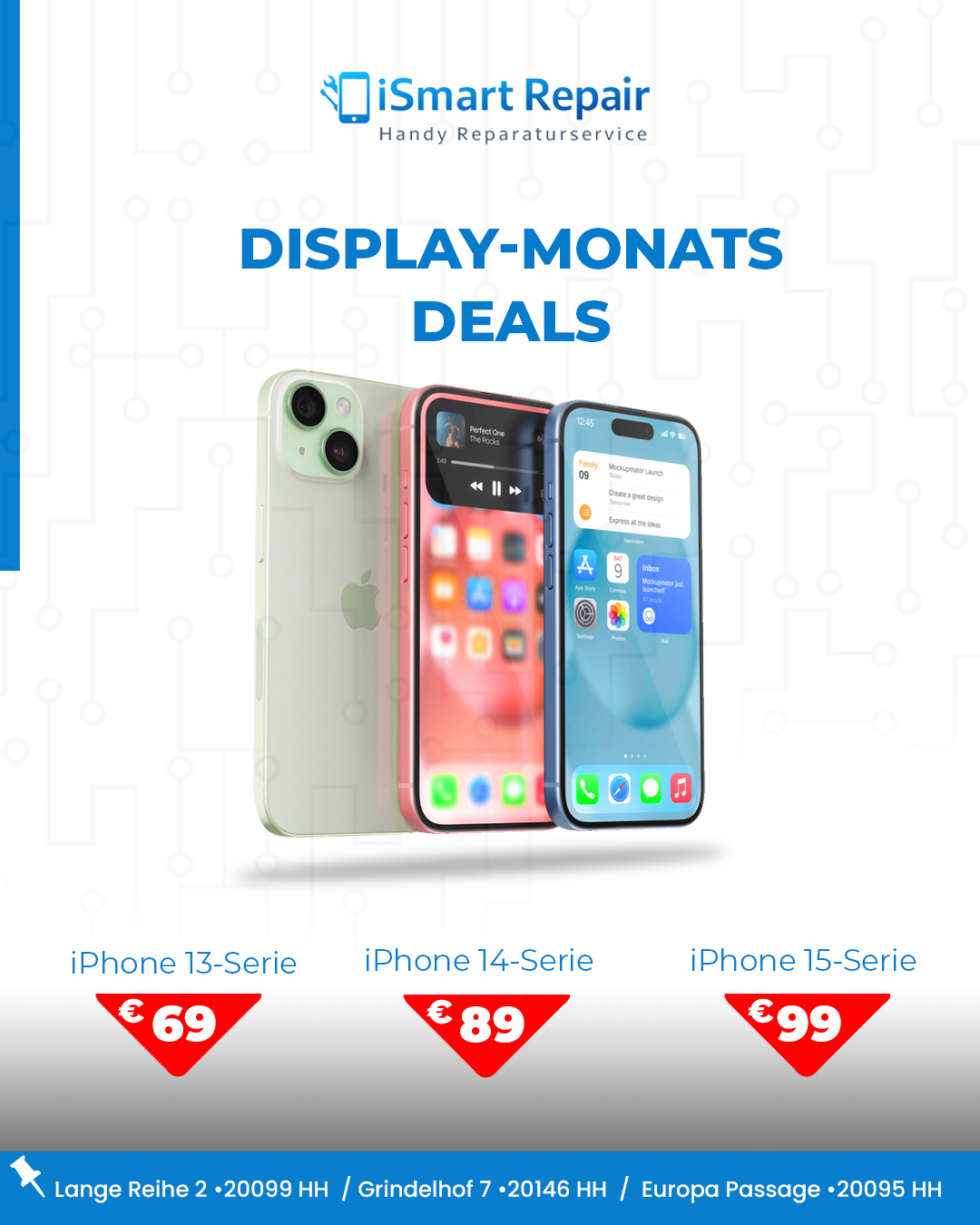 Display Reparatur in Hamburg zum günstigen Preis für iPhone Modelle 13,14 und 15.